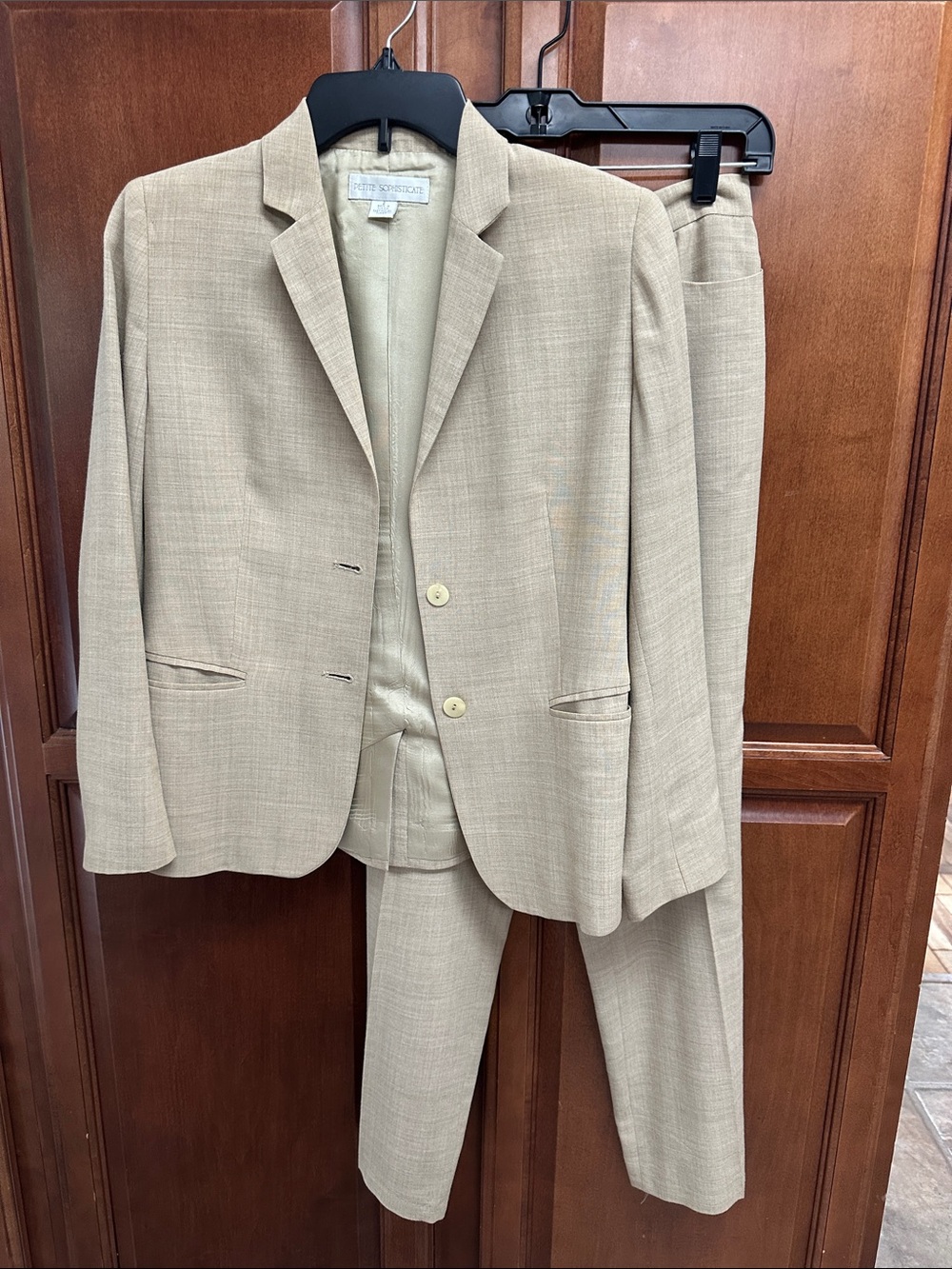 Petite Sophisticate Tan Two-Piece Blazer and Trouser Suit